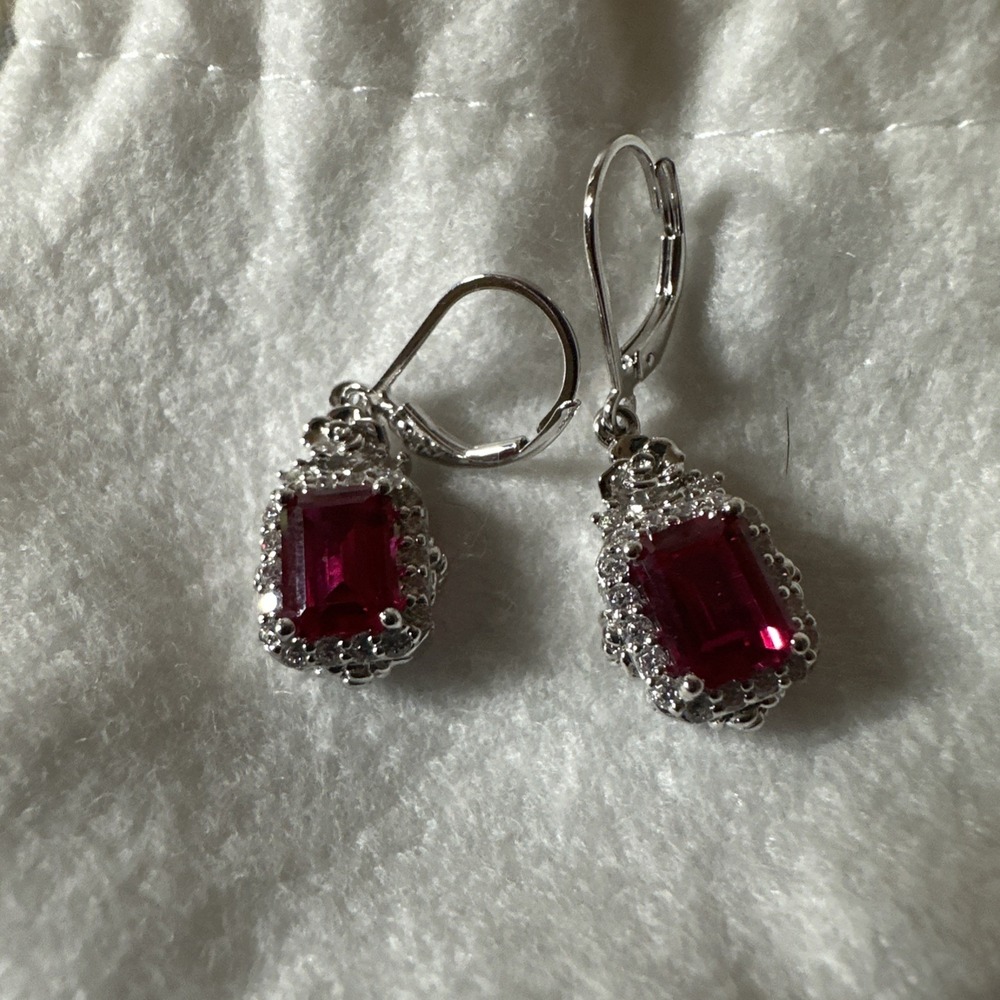 QVC Diamonique cz w/ Lab Ruby Leverback .925 Earrings - Picture 6 of 6